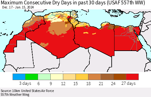 North Africa Maximum Consecutive Dry Days in past 30 days (USAF 557th WW) 01/15/2024 Thematic Map For 1/11/2024 - 1/15/2024