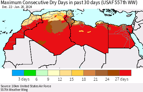 North Africa Maximum Consecutive Dry Days in past 30 days (USAF 557th WW) 01/20/2024 Thematic Map For 1/16/2024 - 1/20/2024
