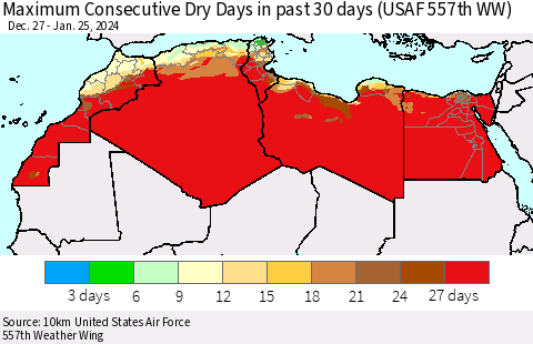 North Africa Maximum Consecutive Dry Days in past 30 days (USAF 557th WW) 01/25/2024 Thematic Map For 1/21/2024 - 1/25/2024