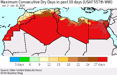 North Africa Maximum Consecutive Dry Days in past 30 days (USAF 557th WW) 01/31/2024 Thematic Map For 1/26/2024 - 1/31/2024