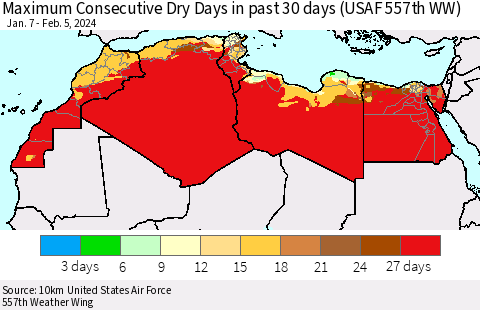 North Africa Maximum Consecutive Dry Days in past 30 days (USAF 557th WW) 02/05/2024 Thematic Map For 2/1/2024 - 2/5/2024