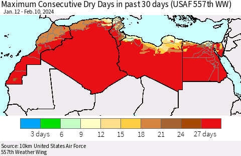North Africa Maximum Consecutive Dry Days in past 30 days (USAF 557th WW) 02/10/2024 Thematic Map For 2/6/2024 - 2/10/2024