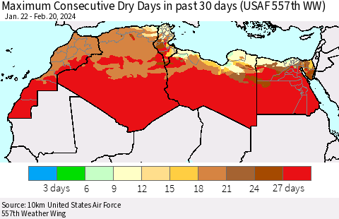 North Africa Maximum Consecutive Dry Days in past 30 days (USAF 557th WW) 02/20/2024 Thematic Map For 2/16/2024 - 2/20/2024