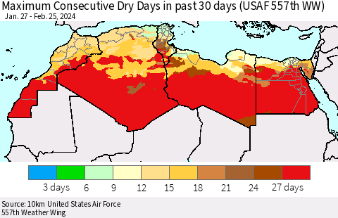 North Africa Maximum Consecutive Dry Days in past 30 days (USAF 557th WW) 02/25/2024 Thematic Map For 2/21/2024 - 2/25/2024