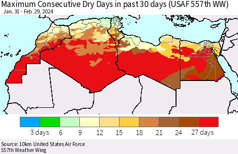 North Africa Maximum Consecutive Dry Days in past 30 days (USAF 557th WW) 02/29/2024 Thematic Map For 2/26/2024 - 2/29/2024