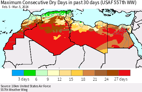 North Africa Maximum Consecutive Dry Days in past 30 days (USAF 557th WW) 03/05/2024 Thematic Map For 3/1/2024 - 3/5/2024