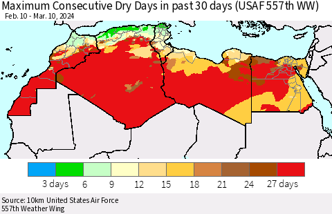 North Africa Maximum Consecutive Dry Days in past 30 days (USAF 557th WW) 03/10/2024 Thematic Map For 3/6/2024 - 3/10/2024