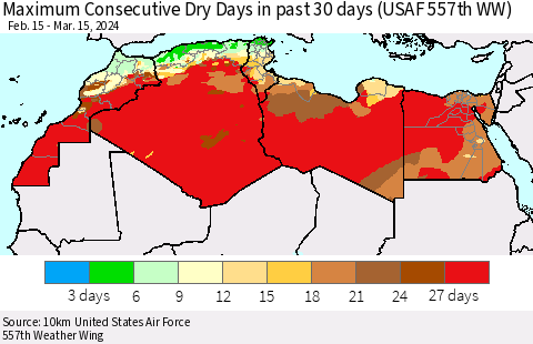 North Africa Maximum Consecutive Dry Days in past 30 days (USAF 557th WW) 03/15/2024 Thematic Map For 3/11/2024 - 3/15/2024