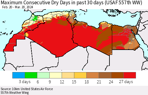 North Africa Maximum Consecutive Dry Days in past 30 days (USAF 557th WW) 03/20/2024 Thematic Map For 3/16/2024 - 3/20/2024