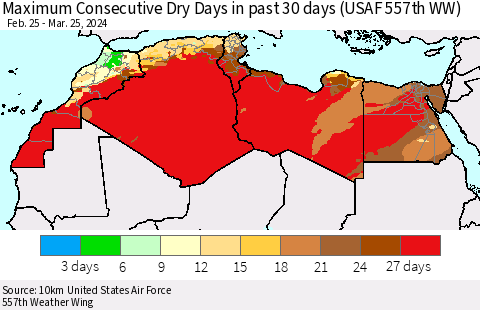 North Africa Maximum Consecutive Dry Days in past 30 days (USAF 557th WW) 03/25/2024 Thematic Map For 3/21/2024 - 3/25/2024