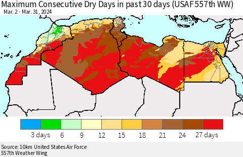 North Africa Maximum Consecutive Dry Days in past 30 days (USAF 557th WW) 03/31/2024 Thematic Map For 3/26/2024 - 3/31/2024