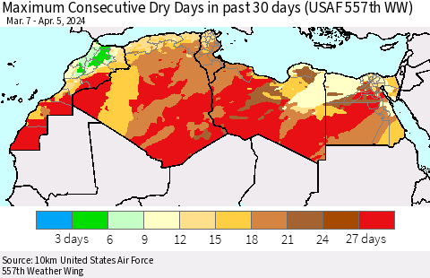 North Africa Maximum Consecutive Dry Days in past 30 days (USAF 557th WW) 04/05/2024 Thematic Map For 4/1/2024 - 4/5/2024