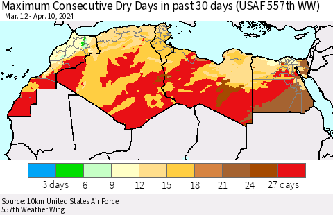 North Africa Maximum Consecutive Dry Days in past 30 days (USAF 557th WW) 04/10/2024 Thematic Map For 4/6/2024 - 4/10/2024