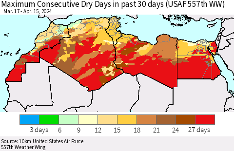 North Africa Maximum Consecutive Dry Days in past 30 days (USAF 557th WW) 04/15/2024 Thematic Map For 4/11/2024 - 4/15/2024
