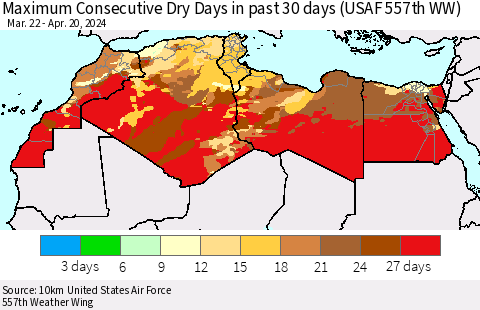 North Africa Maximum Consecutive Dry Days in past 30 days (USAF 557th WW) 04/20/2024 Thematic Map For 4/16/2024 - 4/20/2024