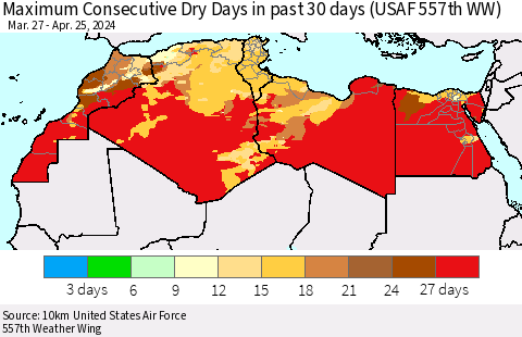 North Africa Maximum Consecutive Dry Days in past 30 days (USAF 557th WW) 04/25/2024 Thematic Map For 4/21/2024 - 4/25/2024