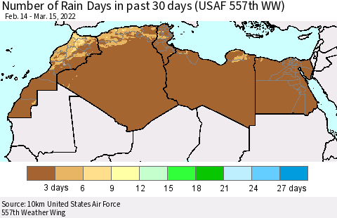 North Africa Number of Rain Days in past 30 days (USAF 557th WW) 03/15/2022 Thematic Map For 3/11/2022 - 3/15/2022