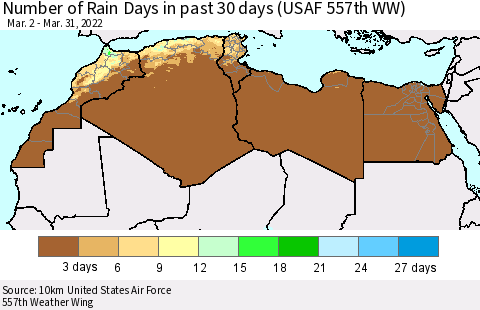 North Africa Number of Rain Days in past 30 days (USAF 557th WW) 03/31/2022 Thematic Map For 3/26/2022 - 3/31/2022