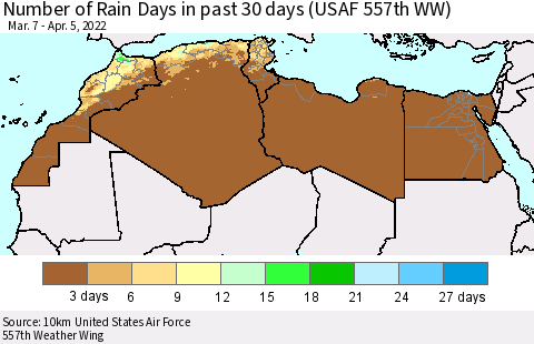 North Africa Number of Rain Days in past 30 days (USAF 557th WW) 04/05/2022 Thematic Map For 4/1/2022 - 4/5/2022