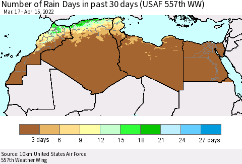 North Africa Number of Rain Days in past 30 days (USAF 557th WW) 04/15/2022 Thematic Map For 4/11/2022 - 4/15/2022