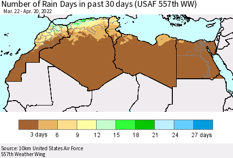 North Africa Number of Rain Days in past 30 days (USAF 557th WW) 04/20/2022 Thematic Map For 4/16/2022 - 4/20/2022