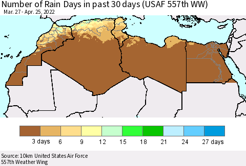 North Africa Number of Rain Days in past 30 days (USAF 557th WW) 04/25/2022 Thematic Map For 4/21/2022 - 4/25/2022