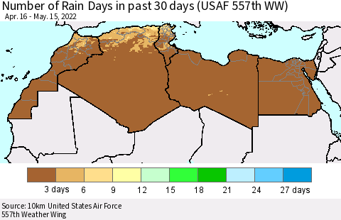 North Africa Number of Rain Days in past 30 days (USAF 557th WW) 05/15/2022 Thematic Map For 5/11/2022 - 5/15/2022