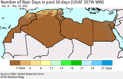 North Africa Number of Rain Days in past 30 days (USAF 557th WW) 05/20/2022 Thematic Map For 5/16/2022 - 5/20/2022