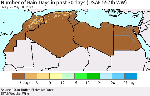 North Africa Number of Rain Days in past 30 days (USAF 557th WW) 05/31/2022 Thematic Map For 5/26/2022 - 5/31/2022
