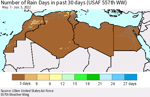 North Africa Number of Rain Days in past 30 days (USAF 557th WW) 06/05/2022 Thematic Map For 6/1/2022 - 6/5/2022