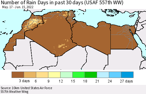 North Africa Number of Rain Days in past 30 days (USAF 557th WW) 06/15/2022 Thematic Map For 6/11/2022 - 6/15/2022