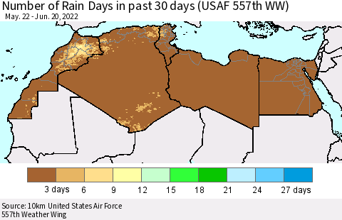 North Africa Number of Rain Days in past 30 days (USAF 557th WW) 06/20/2022 Thematic Map For 6/16/2022 - 6/20/2022