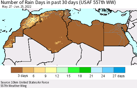 North Africa Number of Rain Days in past 30 days (USAF 557th WW) 06/25/2022 Thematic Map For 6/21/2022 - 6/25/2022