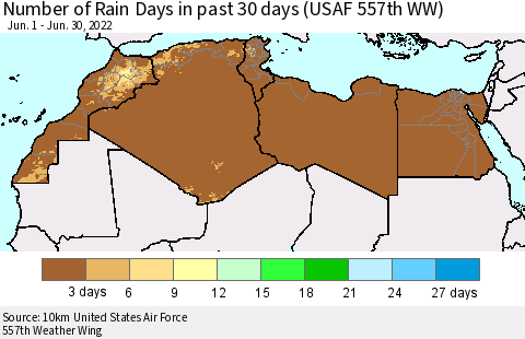 North Africa Number of Rain Days in past 30 days (USAF 557th WW) 06/30/2022 Thematic Map For 6/26/2022 - 6/30/2022