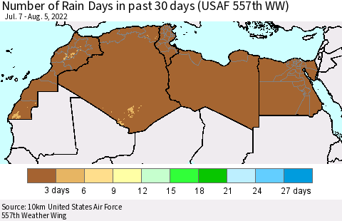 North Africa Number of Rain Days in past 30 days (USAF 557th WW) 08/05/2022 Thematic Map For 8/1/2022 - 8/5/2022
