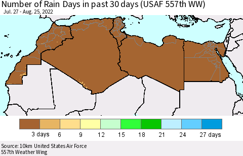 North Africa Number of Rain Days in past 30 days (USAF 557th WW) 08/25/2022 Thematic Map For 8/21/2022 - 8/25/2022