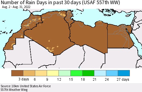 North Africa Number of Rain Days in past 30 days (USAF 557th WW) 08/31/2022 Thematic Map For 8/26/2022 - 8/31/2022