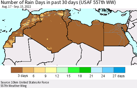 North Africa Number of Rain Days in past 30 days (USAF 557th WW) 09/15/2022 Thematic Map For 9/11/2022 - 9/15/2022