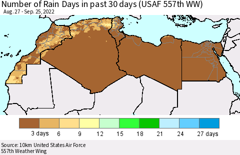North Africa Number of Rain Days in past 30 days (USAF 557th WW) 09/25/2022 Thematic Map For 9/21/2022 - 9/25/2022