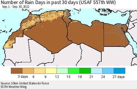 North Africa Number of Rain Days in past 30 days (USAF 557th WW) 09/30/2022 Thematic Map For 9/26/2022 - 9/30/2022