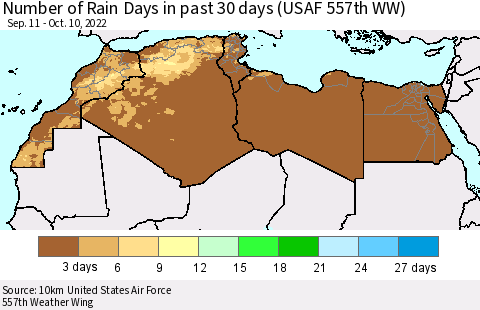 North Africa Number of Rain Days in past 30 days (USAF 557th WW) 10/10/2022 Thematic Map For 10/6/2022 - 10/10/2022