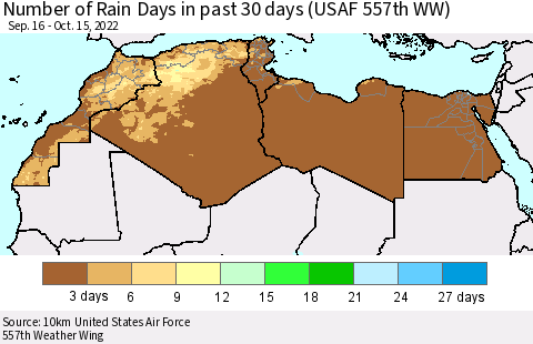 North Africa Number of Rain Days in past 30 days (USAF 557th WW) 10/15/2022 Thematic Map For 10/11/2022 - 10/15/2022