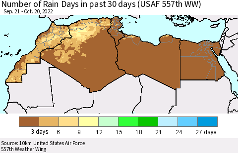 North Africa Number of Rain Days in past 30 days (USAF 557th WW) 10/20/2022 Thematic Map For 10/16/2022 - 10/20/2022