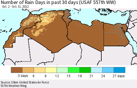 North Africa Number of Rain Days in past 30 days (USAF 557th WW) 10/31/2022 Thematic Map For 10/26/2022 - 10/31/2022