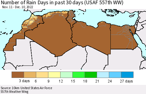 North Africa Number of Rain Days in past 30 days (USAF 557th WW) 12/10/2022 Thematic Map For 12/6/2022 - 12/10/2022