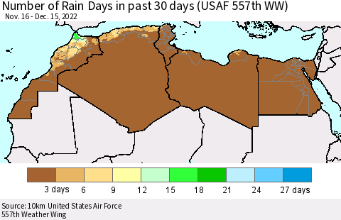 North Africa Number of Rain Days in past 30 days (USAF 557th WW) 12/15/2022 Thematic Map For 12/11/2022 - 12/15/2022