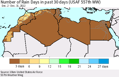 North Africa Number of Rain Days in past 30 days (USAF 557th WW) 12/31/2022 Thematic Map For 12/26/2022 - 12/31/2022