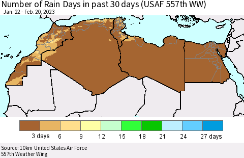 North Africa Number of Rain Days in past 30 days (USAF 557th WW) 02/20/2023 Thematic Map For 2/16/2023 - 2/20/2023