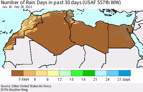 North Africa Number of Rain Days in past 30 days (USAF 557th WW) 02/28/2023 Thematic Map For 2/26/2023 - 2/28/2023