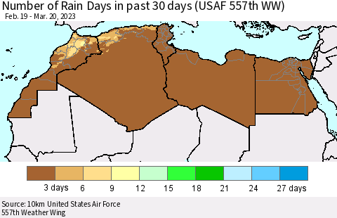 North Africa Number of Rain Days in past 30 days (USAF 557th WW) 03/20/2023 Thematic Map For 3/16/2023 - 3/20/2023